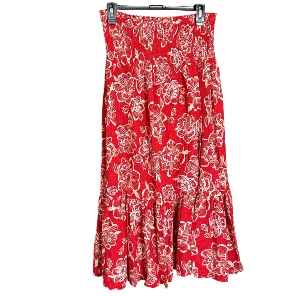 NWT Nautica Jeans Red High Waist Cotton Blend Floral Maxi Skirt Size Medium